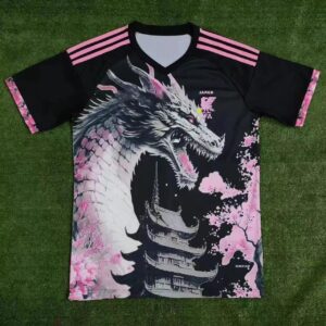 Japan FA Dragon Pattern Cherry Blossom Soccer T-Shirt - Black Base with Pink Stripes