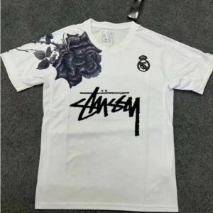 Stussy White T-Shirt Real Madrid Crest Black Rose Print