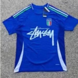 Stussy Blue Street Sports Jersey with Green-White Contrast Stripes