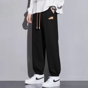 Black Loose-Fit Cuffed Casual Pants - Japanese-Style Lazy Aesthetic