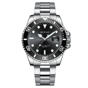 RUICAN Unique Diamonds Black Dial Silver Strap Dive Watch