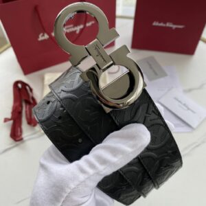 Ferragamo Gancini Embossed Black Leather Belt