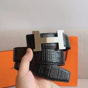 Hermes H Series Crocodile-Embossed Black Belt