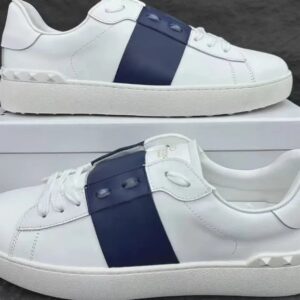 Valentino White Low-Top Skate Sneakers with Navy Stripes